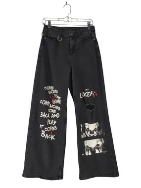 Hot Topic IT Wide Leg Jeans Juniors 5 Black Distressed Detail Graphic Chain Loop